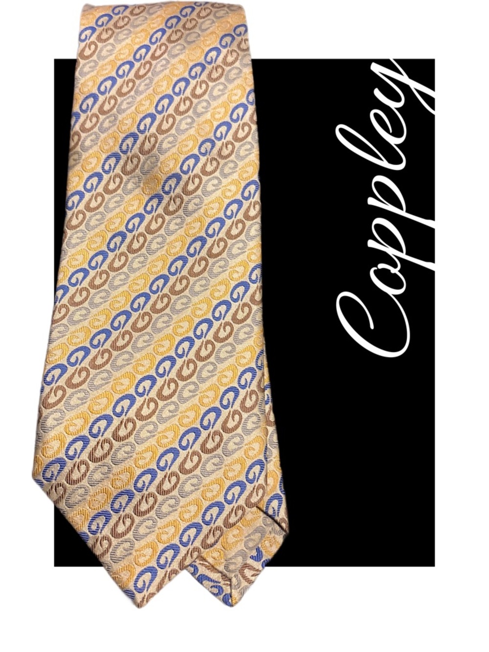 Vintage Coppely Gold & Blue Patterned Silk  Tie - handmade in Canada